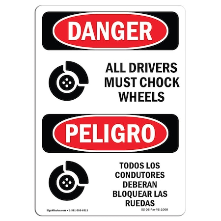 Signmission OSHA Sign, Chock Wheels Before Loading Bilingual, 14in X 10in Rigid Plastic, 10" W, 14" L, Spanish OS-DS-P-1014-VS-1068
